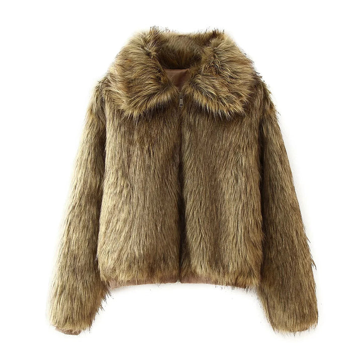 Damen nan kurz geschnittene vegane Kunstfelljacke mit voluminösem Schalkragen und verdecktem Reißverschluss Drune