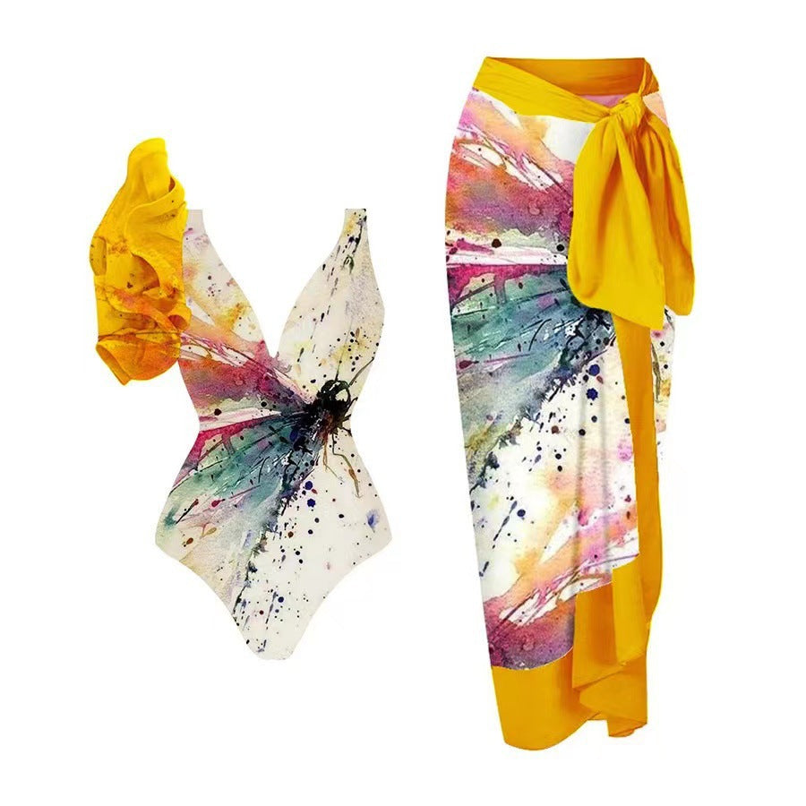 Damen Badeanzug-Set mit floralem Design und elegantem Wickelrock Drune