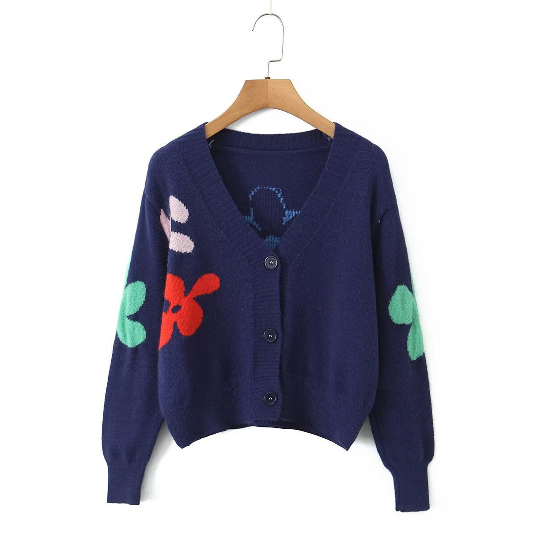 Damen gemütlicher Strickcardigan mit buntem Blumenmuster Drune