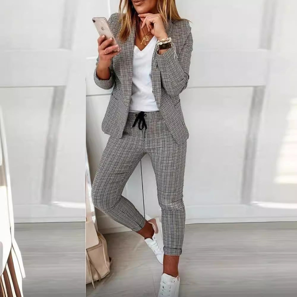 Damen nan lässig-elegantes Karozweiteiler Blazer mit Tunnelzug-Slimhose Drune