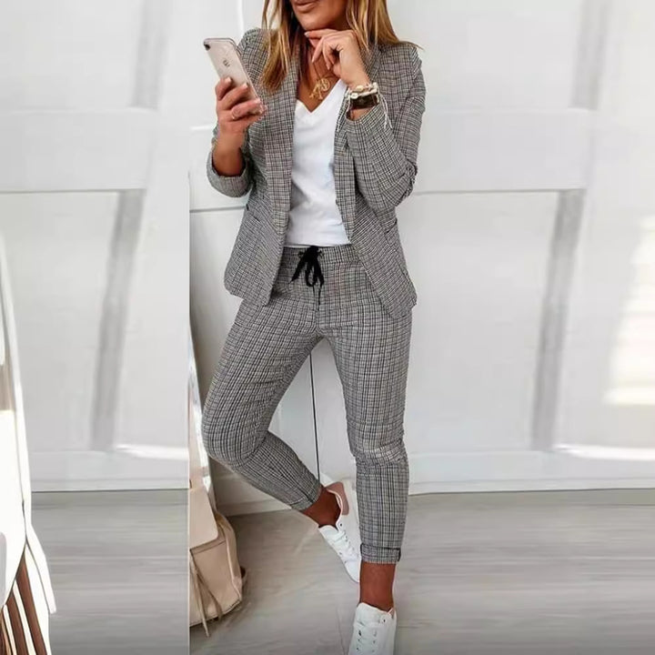 Damen nan lässig-elegantes Karozweiteiler Blazer mit Tunnelzug-Slimhose Drune
