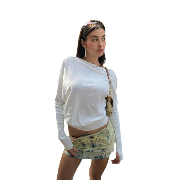 Damen nan asymmetrisches leichtes Langarm-Croppedshirt mit Ein-Schulter-Detail und stretchigem Baumwollmix Drune