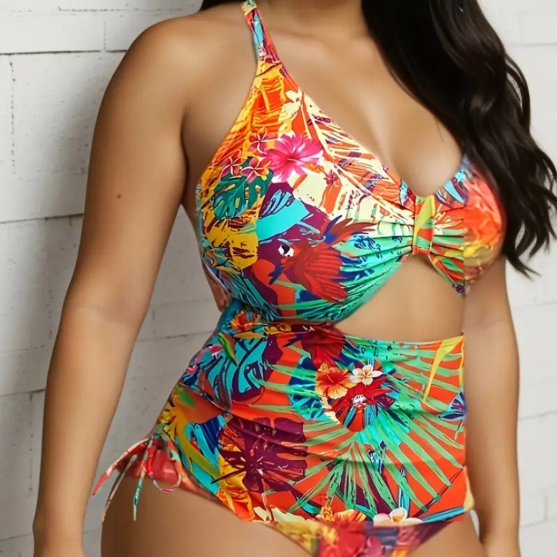 Damen Einteiliger Badeanzug mit exotischem Schnitt und buntem Tropen-Design Drune