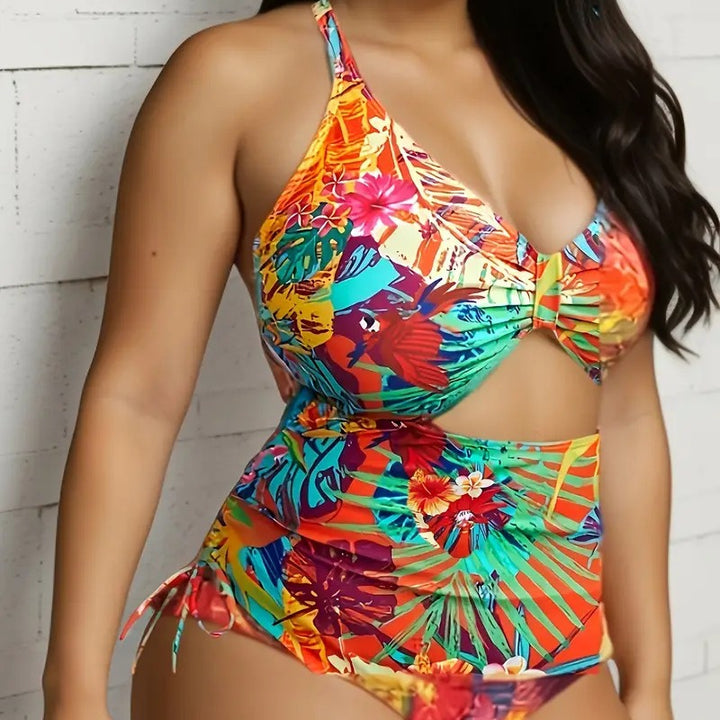 Damen Einteiliger Badeanzug mit exotischem Schnitt und buntem Tropen-Design Drune