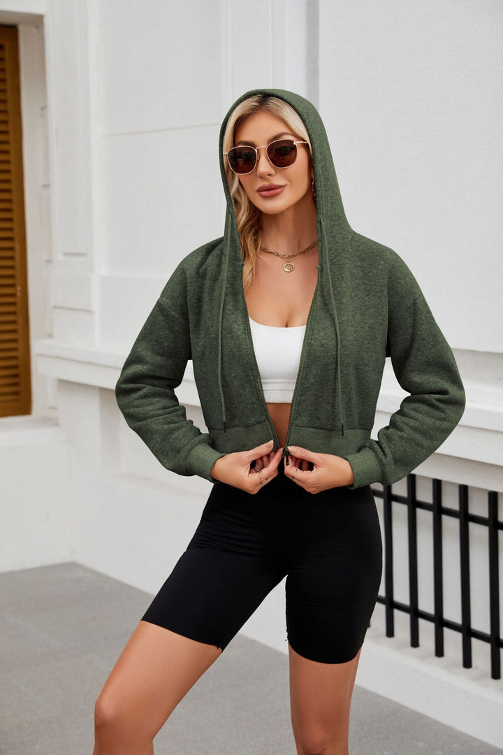 Damen Kurze Zip‑Hoodie Jacke mit Kapuze, Gummibund und Rippbündchen Drune