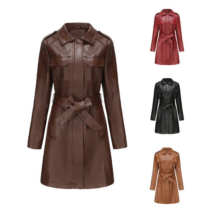 Damen nan langer Kunstleder-Trenchcoat mit Taillengürtel und Schulterriegeln Drune