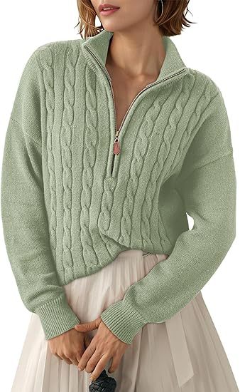 Damen Grobstrick Pullover mit Stehkragen und halbem Reißverschluss Drune