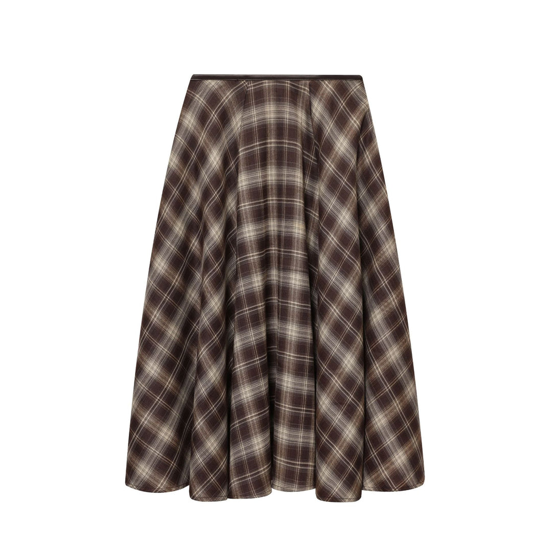 Damen nan ausgestellter Midirock mit Karomuster, hoher Taille und Lederimitatbund Drune