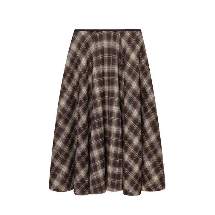 Damen nan ausgestellter Midirock mit Karomuster, hoher Taille und Lederimitatbund Drune
