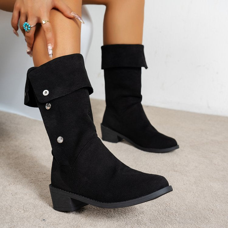 Damen Elegante Stiefel aus weichem Wildleder mit modischen Knopfdetails Drune