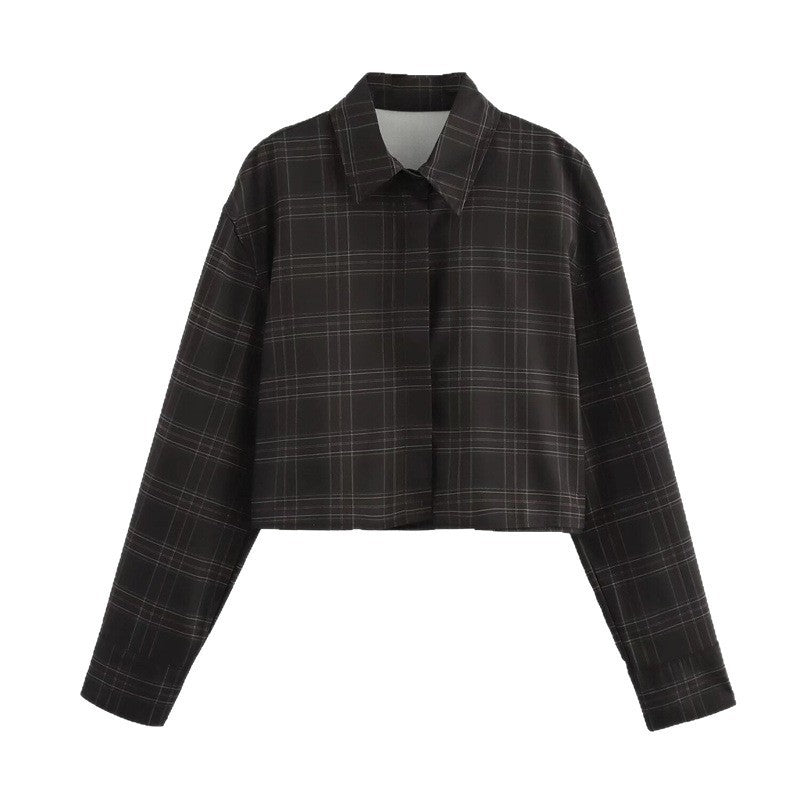 Damen Cropped Kastenförmige Hemdjacke im Karomuster mit verdeckter Knopfleiste Drune