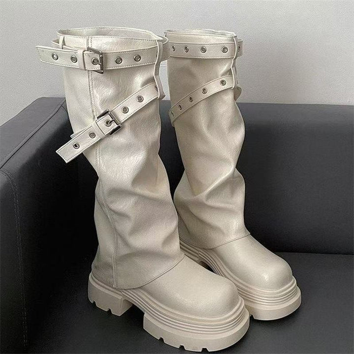 Damen Plateau-Stiefel mit modischem Schnallenverschluss und eleganter Faltenoptik Drune