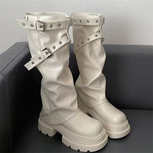 Damen Plateau-Stiefel mit modischem Schnallenverschluss und eleganter Faltenoptik Drune