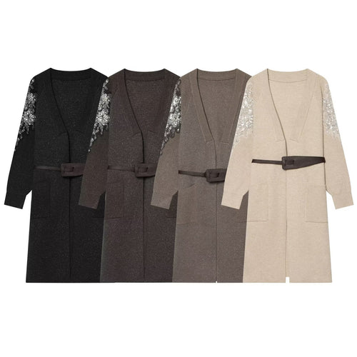 Damen Lange Strickmantel-Cardigan mit Taillengürtel und Paillettenbesatz Drune