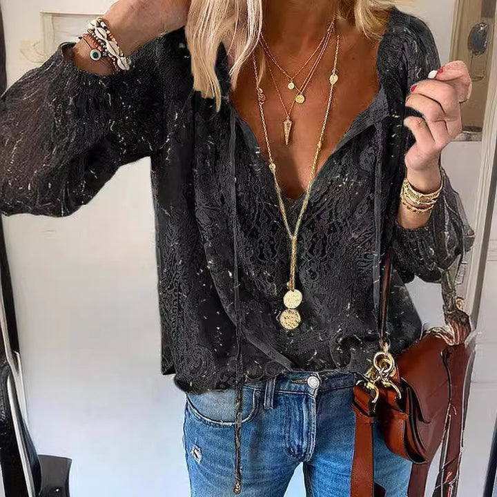 Damen elegante Bluse mit feiner Spitze und tiefem V-Ausschnitt Drune