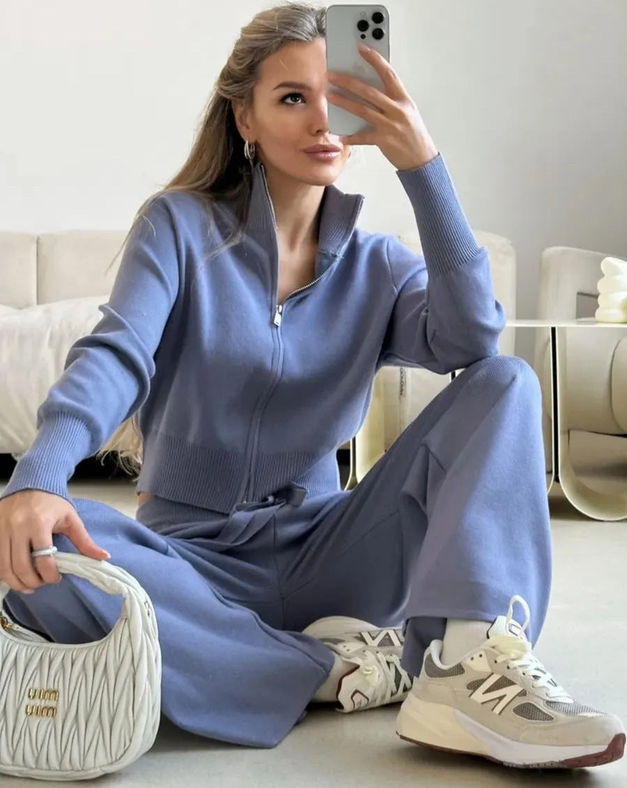 Damen Feinstrick-Zweiteiler mit taillierter Zip-Kapuzenjacke und weiten High‑Waist Kordelhose Drune