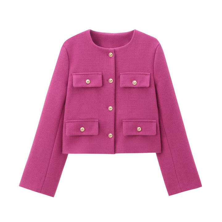 Damen Bouclé-Cropped-Jacke mit vier Pattentaschen und goldenen Schmuckknöpfen Drune
