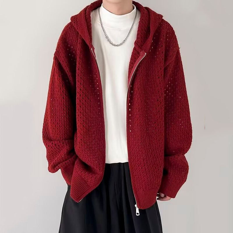 Herren Modische Strickjacke mit Kapuze und luftiger Struktur Drune