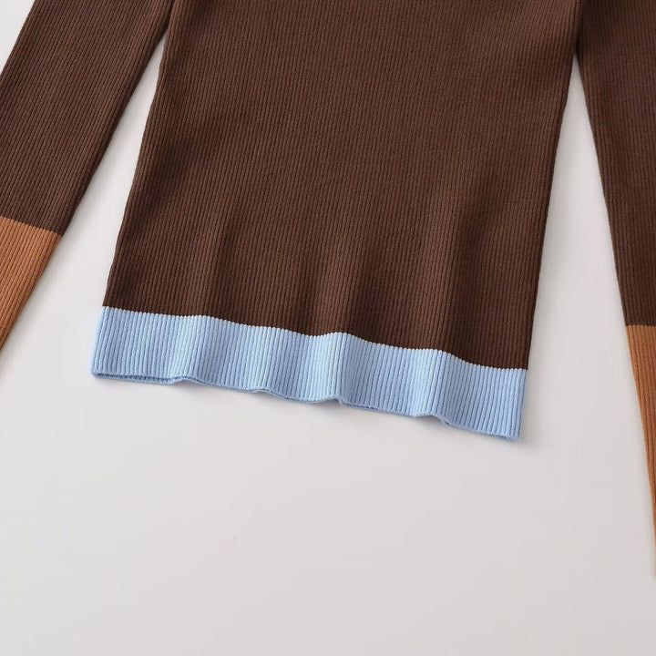 Damen Figurbetonter Rippstrick-Pullover mit Polokragen, Knopfleiste und Colorblock-Details Drune