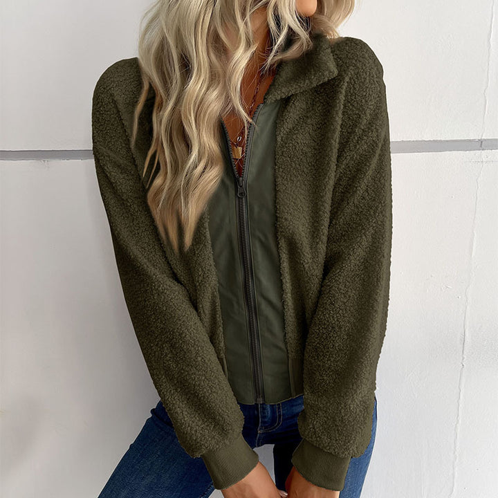 Damen Teddyjacke mit Reißverschluss, Stehkragen und Rippbündchen Drune