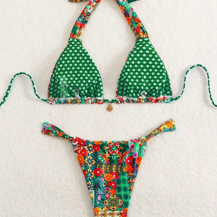 Damen Triangel-Bikini mit floralen Mustern und verspielten Bindebändern Drune