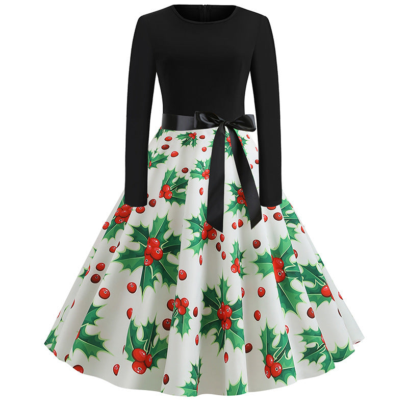 Damen Festliches A‑Linien Tellerrockkleid mit langem Arm, taillierter Passform und Stechpalmenprint Drune