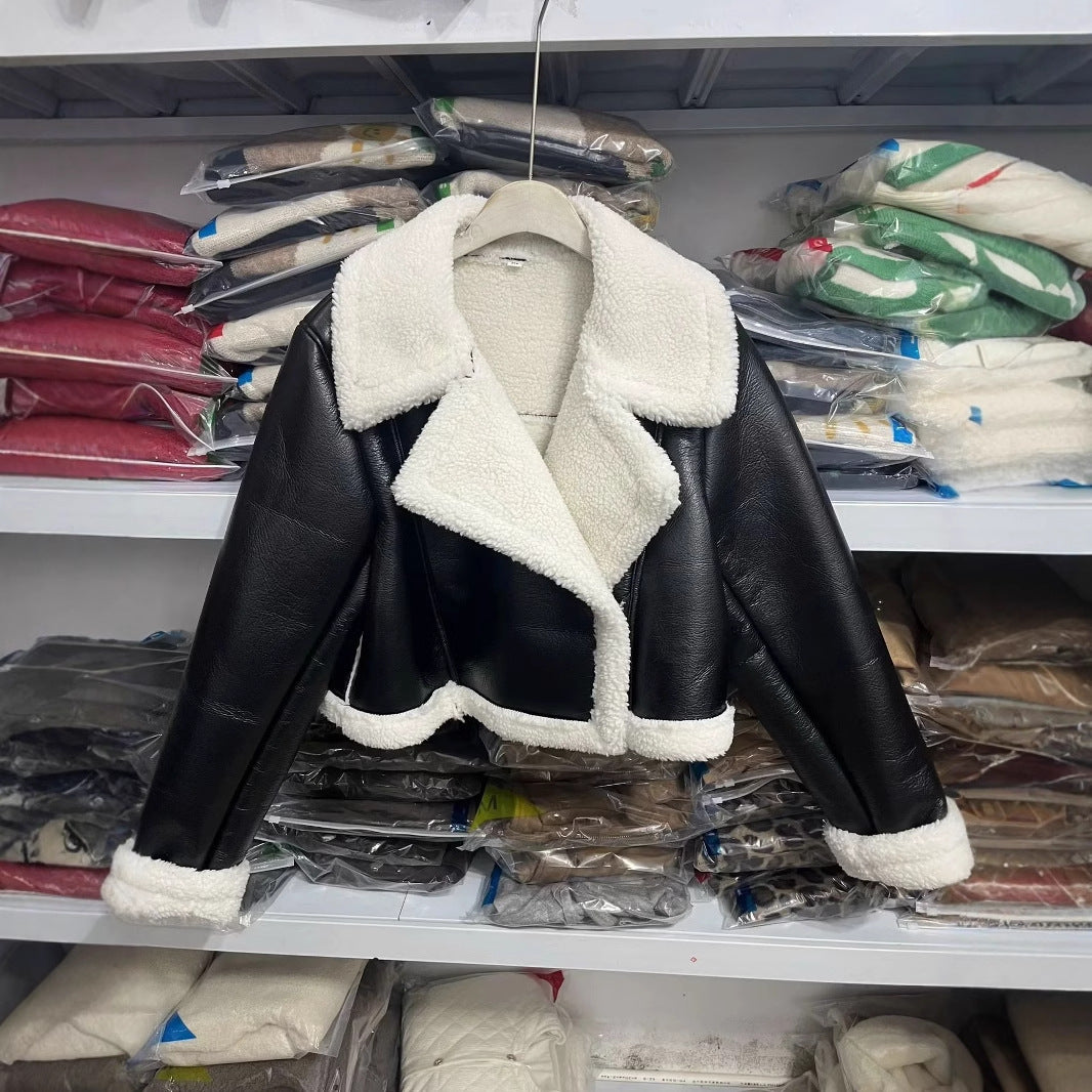 Damen nan kurzes Kunstleder-Fliegerjacke mit Teddyfutter und übergroßem Schalkragen Drune