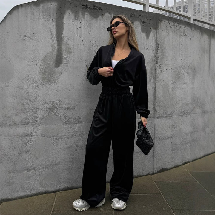 Damen Velours-Overall mit Reißverschluss, elastischem Taillenbund und weitem Palazzo-Bein Drune