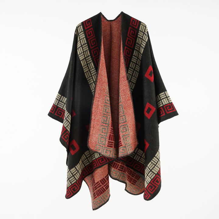 Damen Kastiger Wollmix-Ruana mit kontrastiertem Innenfutter und grafischem Jacquard Drune