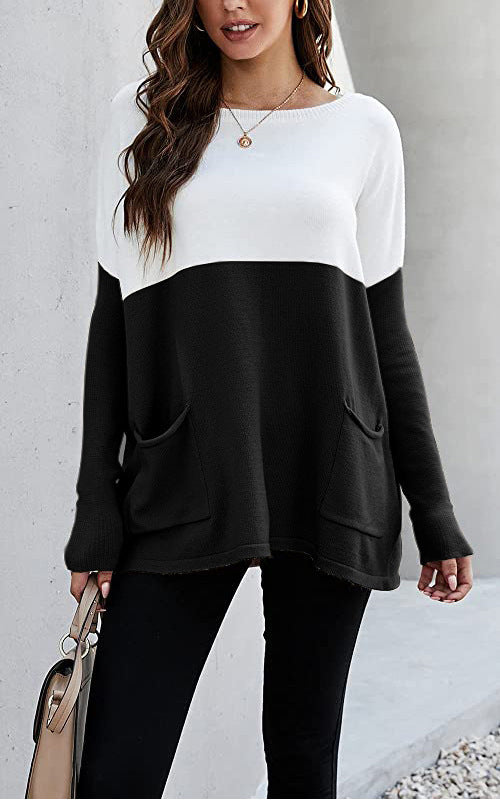 Damen Strickpullover mit großen Fronttaschen und kontrastiertem Design Drune