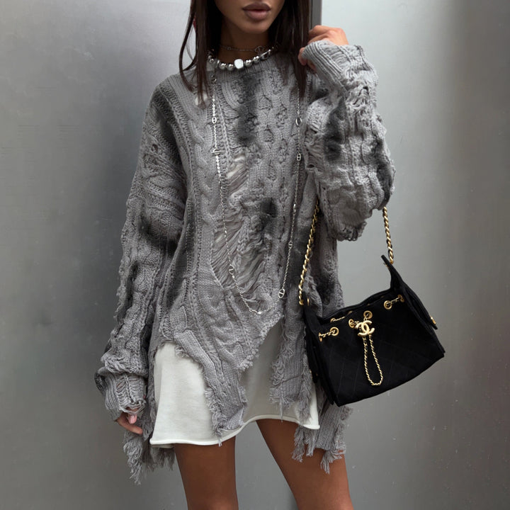 Damen Grob gestrickter Oversized Pullover mit Fransen Drune