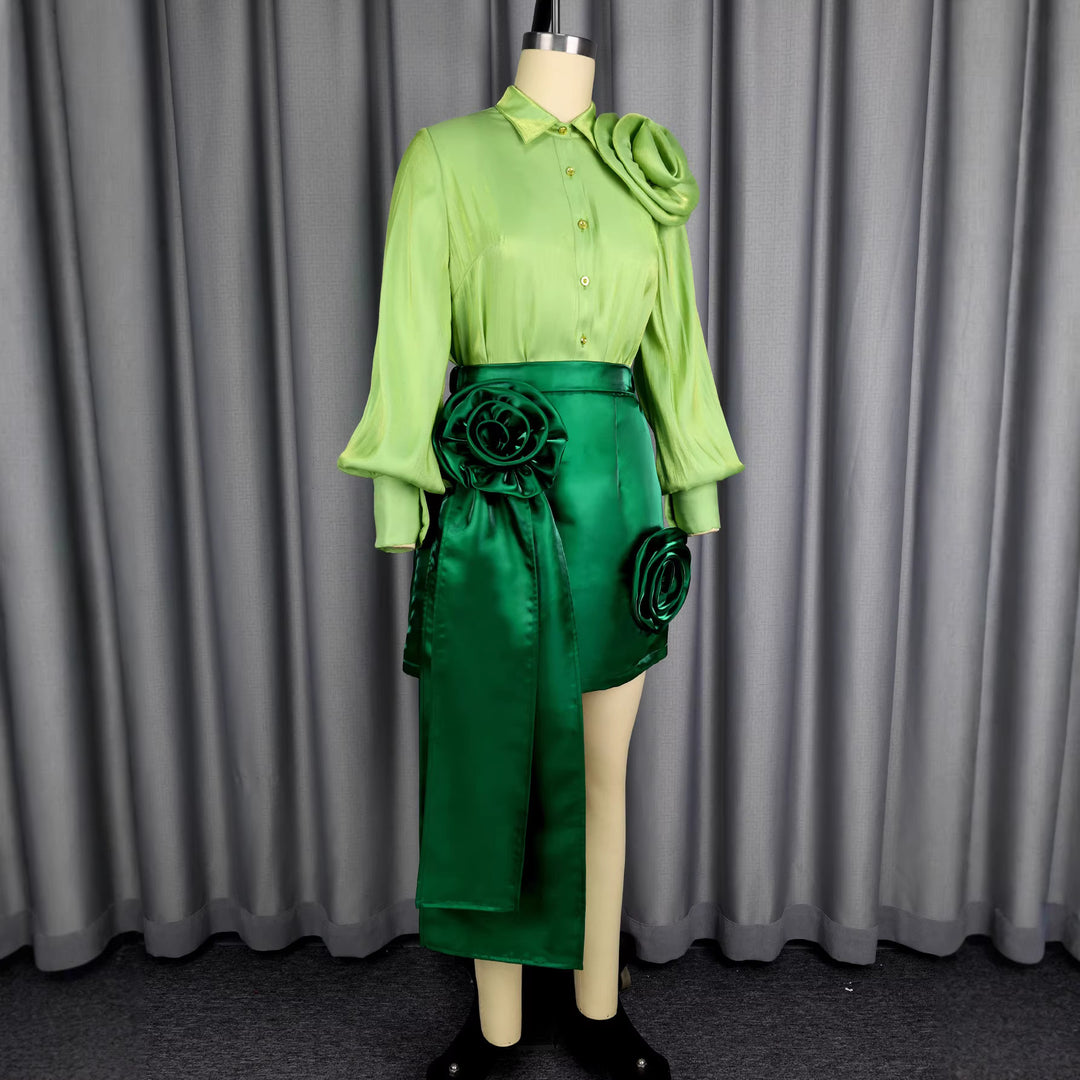 Damen Satinrock mit floralem Rüschen-Design und taillierter Schleife Drune
