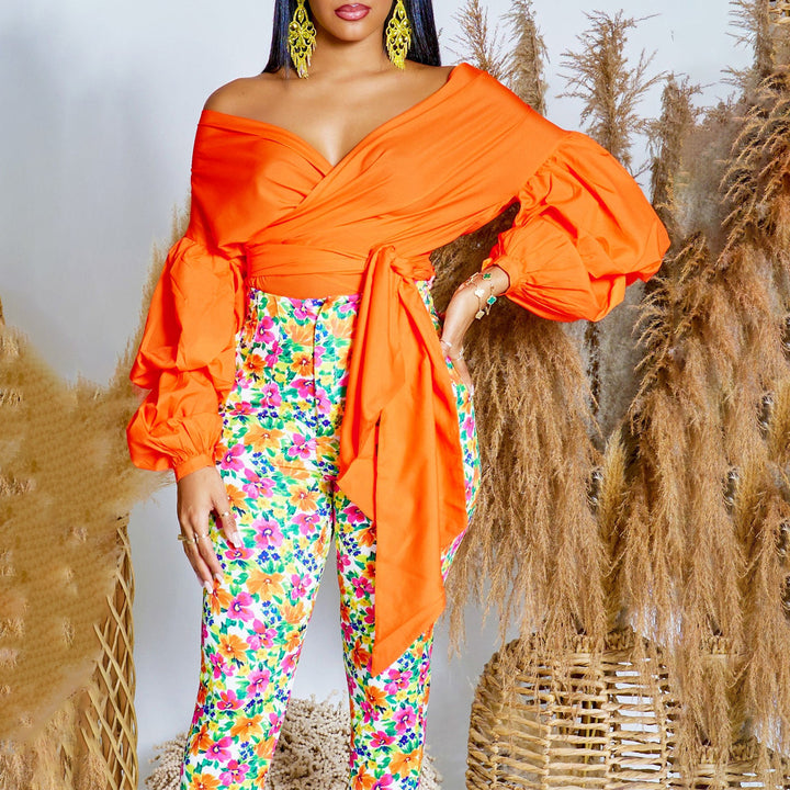 Damen Wickelbluse mit voluminösen Ärmeln und elegantem Taillengürtel Drune