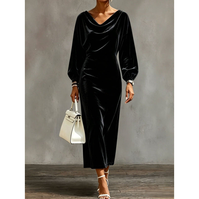 Damen Midikleid aus Samt mit drapiertem Wasserfallkragen und Ballonärmeln Drune