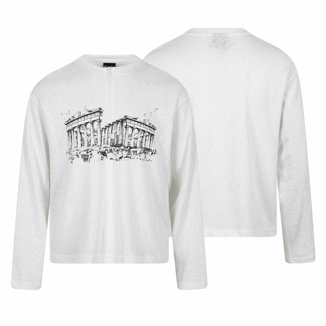 Unisex Langarm-Halbzipshirt mit Stehkragen und Parthenon-Print Drune