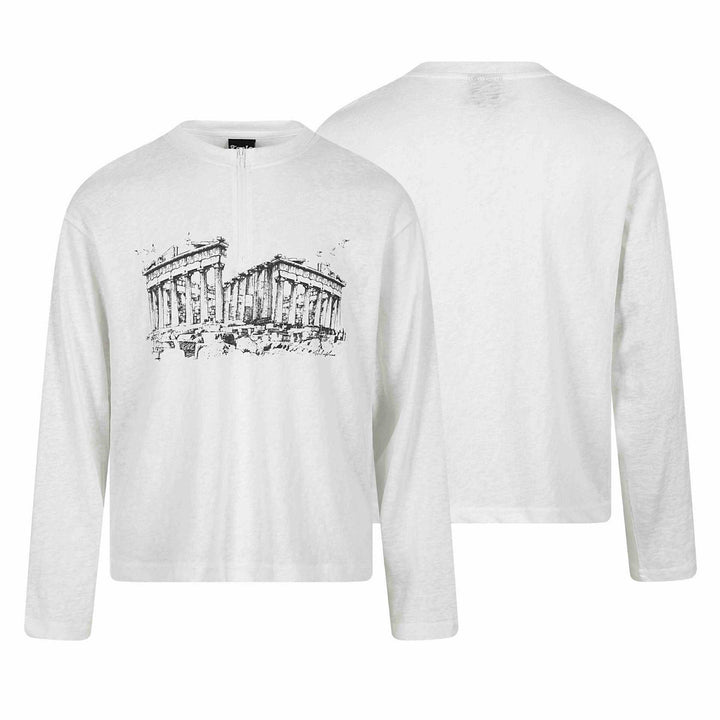 Unisex Langarm-Halbzipshirt mit Stehkragen und Parthenon-Print Drune