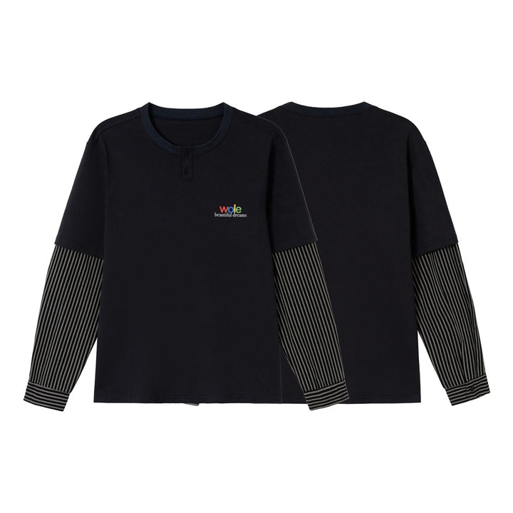 Unisex Lagenlook-Langarmshirt mit Henley-Knopfleiste und gestreiften Armeinsätzen Drune