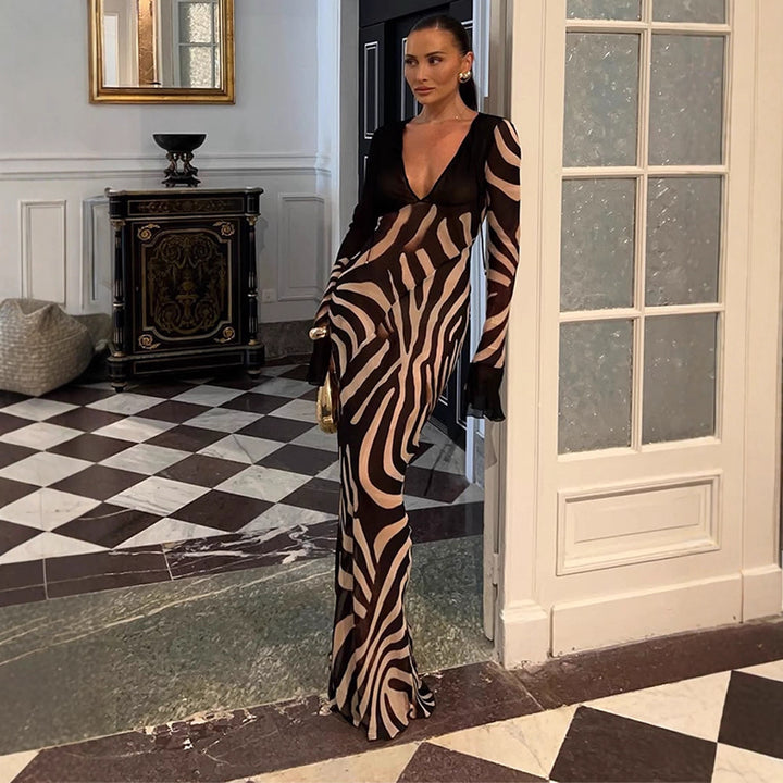 Damen figurbetontes Mesh‑Maxikleid mit tiefem V‑Ausschnitt & grafischem Zebra‑Print Drune