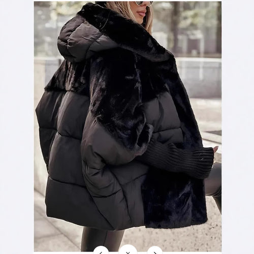 Damen nan oversized gesteppte Winterjacke mit Kunstfellpanelen, Kapuze und integrierten Rippenärmel-Details Drune