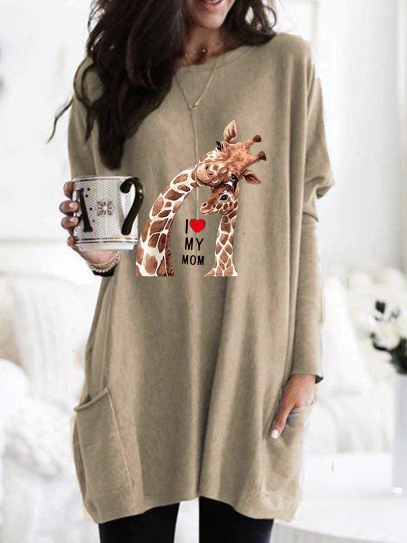 Frauen Übergroße Sweatkleid mit Giraffenmuster, Rundhalsausschnitt und Seitentaschen Drune