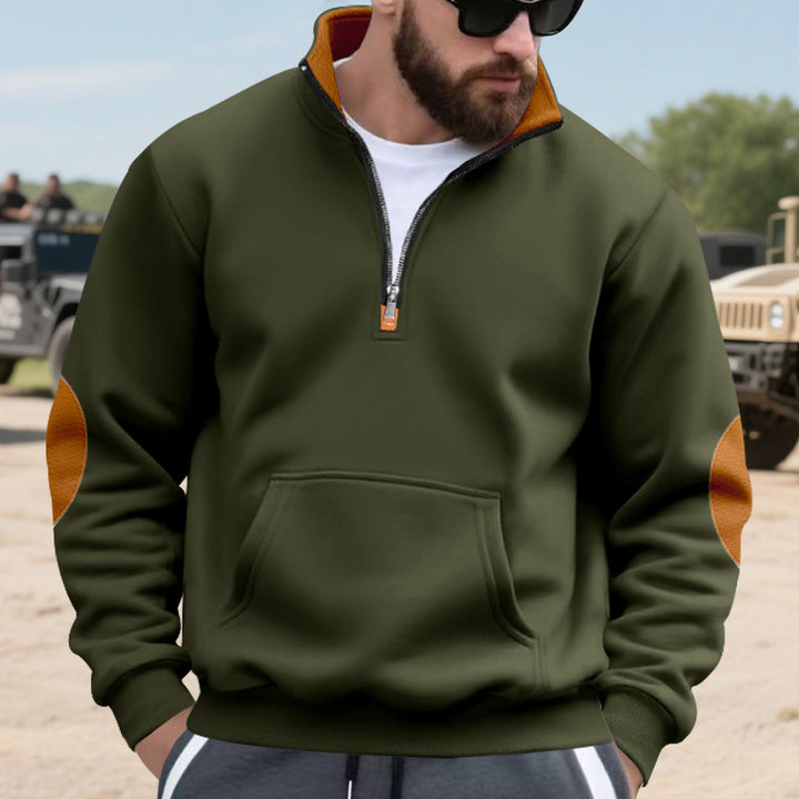 Herren nan isolierter Halbzip-Pullover mit Stehkragen Fleece-Innenfutter Kängurutasche und Wildleder-Ellenbogenpatches Drune