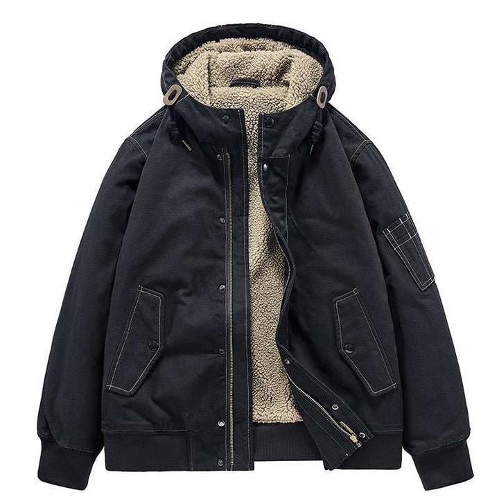 Herren Kapuzen-Canvasjacke mit Sherpa-Futter, windabweisend und Utility-Taschen Drune
