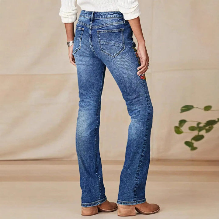 Damen Bootcut-Jeans mit seitlicher Blumenstickerei und komfortablem Stretchbund Drune