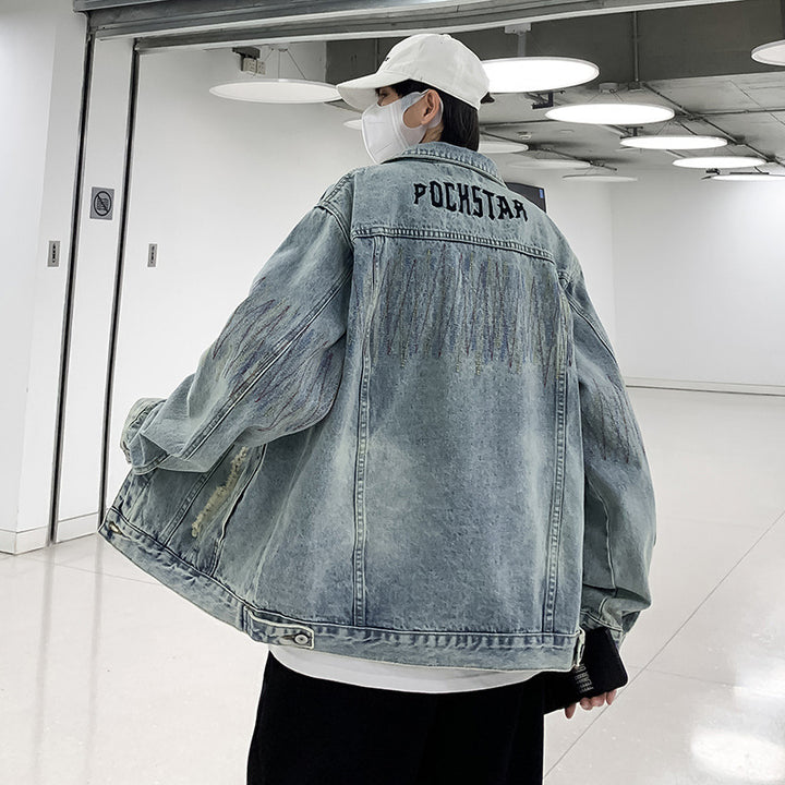 Herren Modische Denimjacke mit kreativen Akzenten Drune