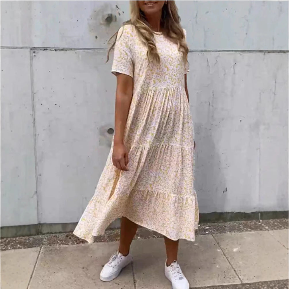 Damen nan luftiges Stufenmaxikleid im Boho-Babydoll-Stil mit geraffter Unterbrust und kurzen Ärmeln Drune