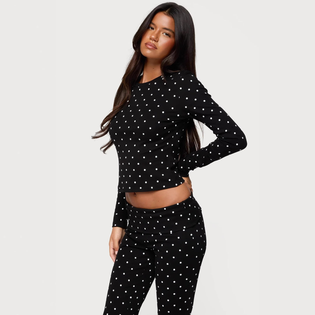 Damen Langärmliges Polka-Dots Oberteil und Leggings Set Drune
