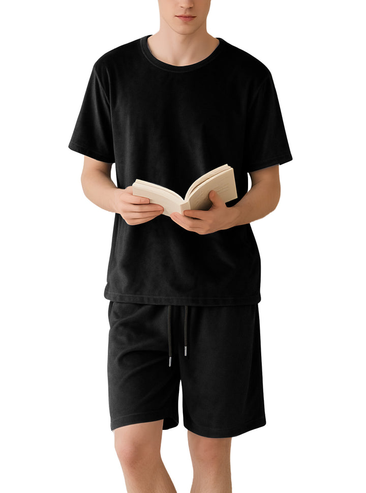 Herren nan Samtvelours Lounge-Set mit Rundhals-Kurzarmshirt und Kordelshorts Drune