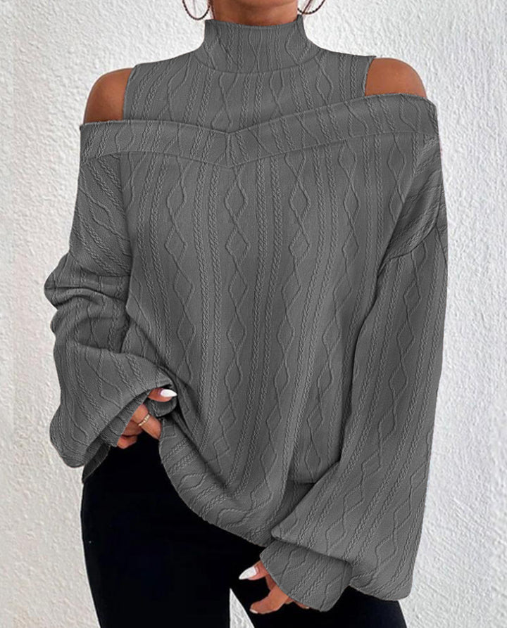 Damen nan Oversize-Strickpullover mit Stehkragen, offenem Schulterdetail und Zopfmuster Drune