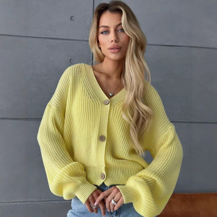 Damen lässiger Strickjacke mit voluminösen Ärmeln und modernen Knopfdetails Drune