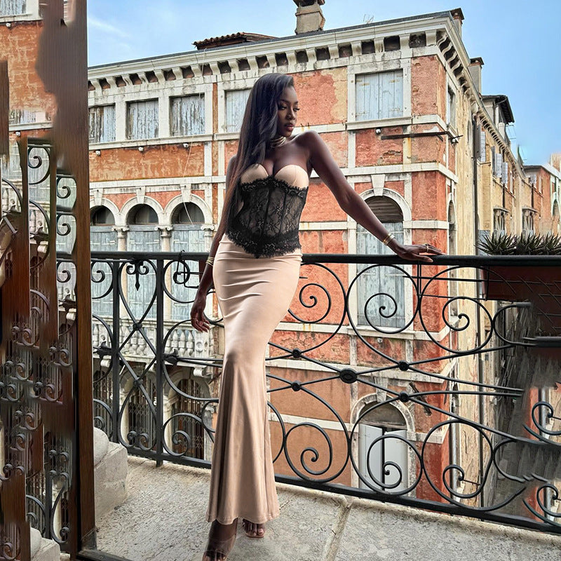 Damen elegantes Korsett-Maxikleid mit Spitzenoberteil Drune